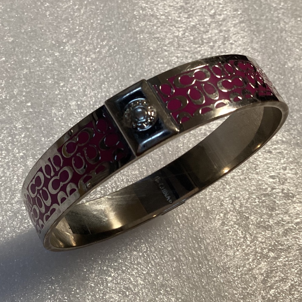 Coach New York Silver-tone and Pink Signature C Logo Bangle Bracelet for sale